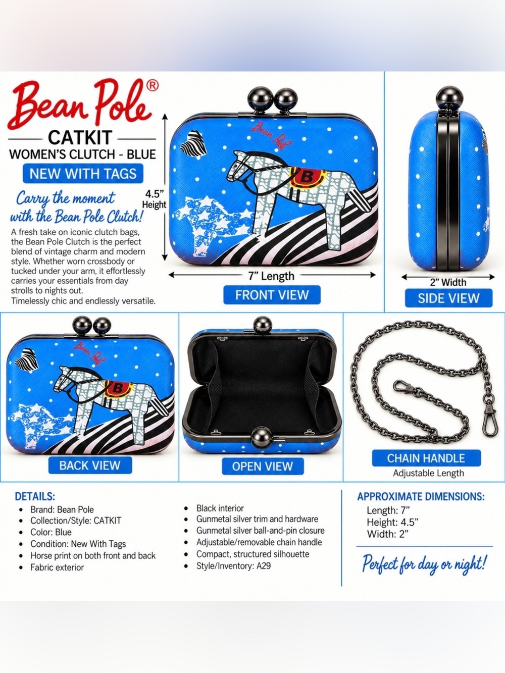 BEAN POLE CATKIT HORSE PRINT CLUTCH BAG - BLUE (NEW WITH TAGS) A29